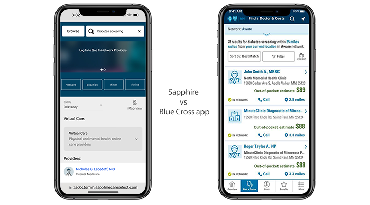 A/B comparative test image of Sapphire vs Blue Cross mobile app 