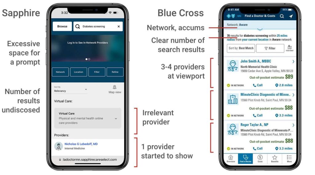 Comparative testing between cost care estimator search on Sapphire and Blue Cross mobile app