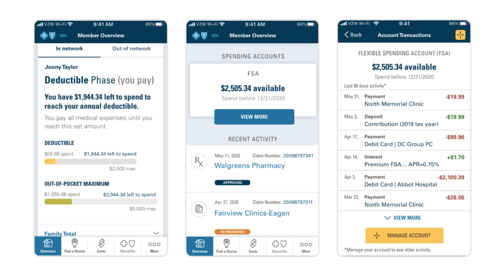 Design for Blue Cross MN mobile app displaying a member health balances