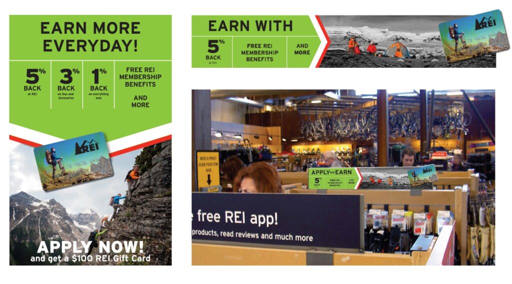 design for REI in-store and online banners to market the retail store credit card